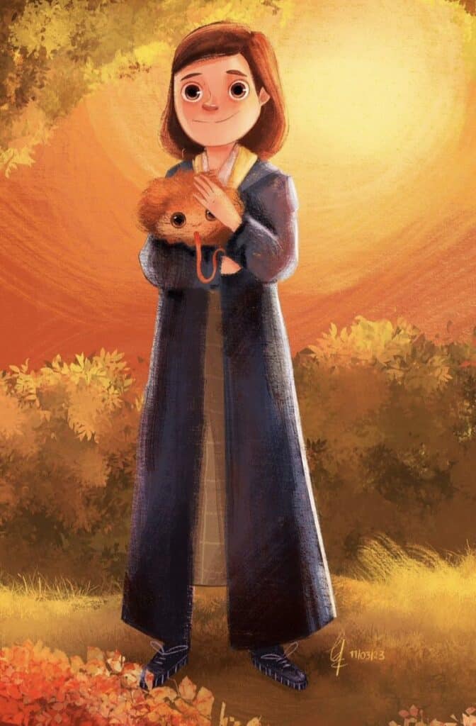 Fan art digital drawing of Hogwarts student standing outside amongst golden leaves and sun, holding small, cute magical creature