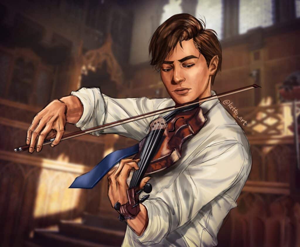 Fan art digital drawing of Hogwarts student playing the violin