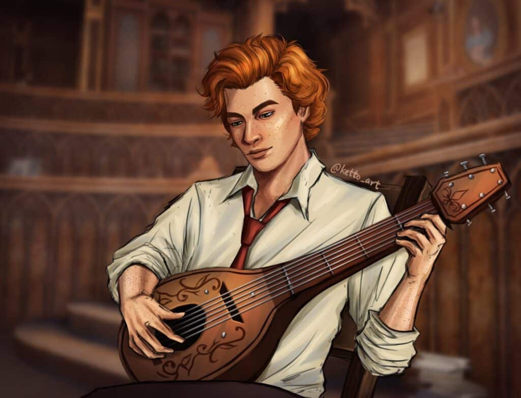 Fan art digital drawing of Hogwarts student playing the mandolin