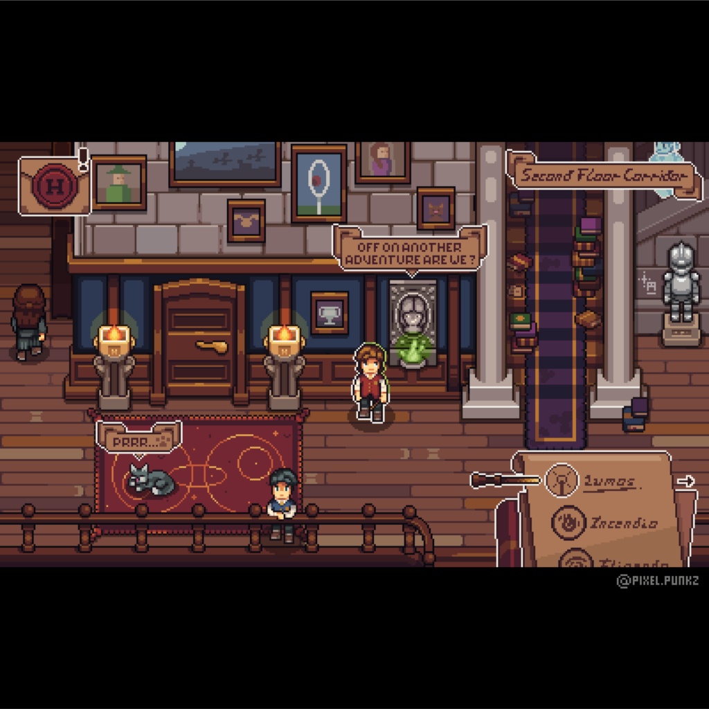 Stylized digital scene of Hogwarts Legacy castle with students and other characters roaming the halls. Style of art is similar to retro arcade games, pixelated and simplified.