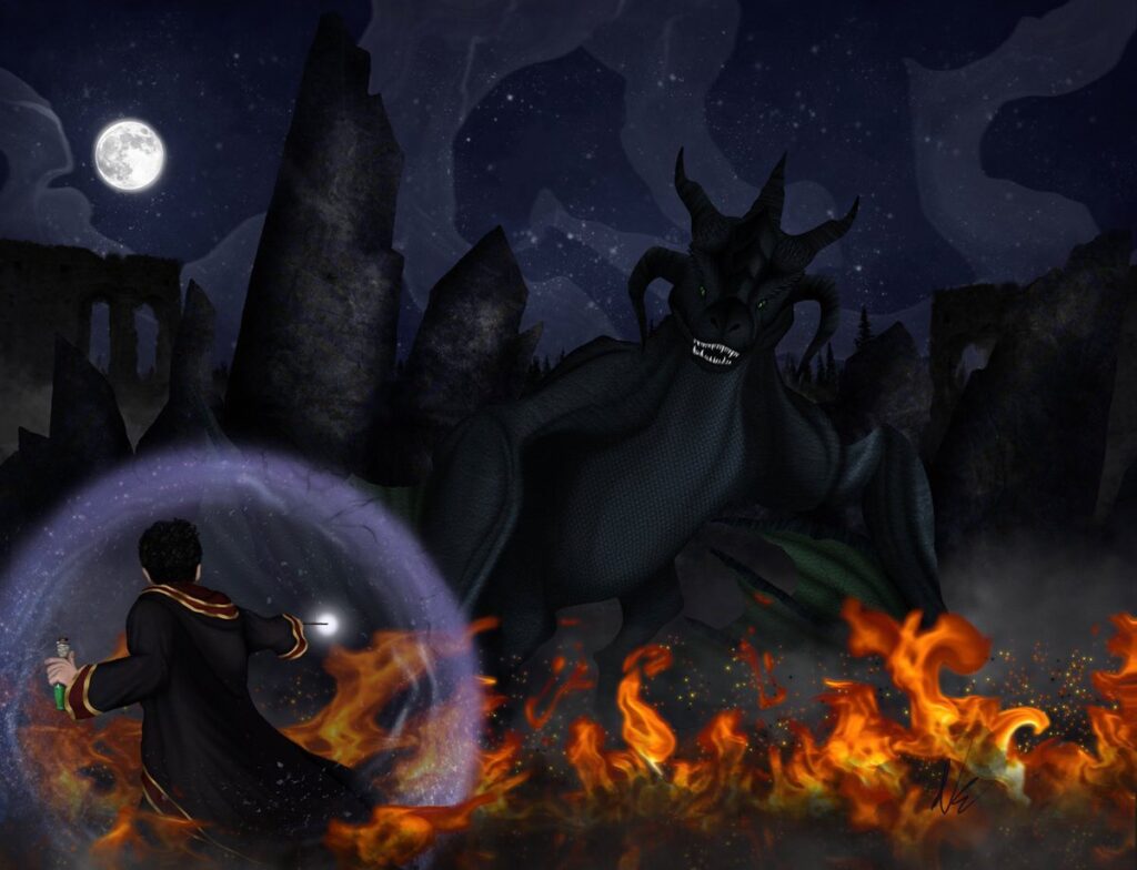 Fan art digital drawing of Hogwarts student casting spell towards flames and dragon