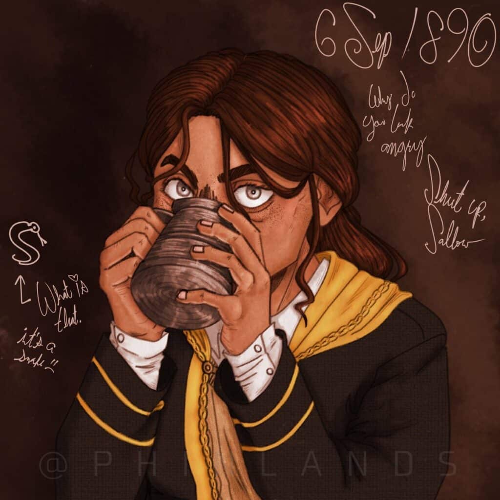 Fan art digital drawing of Hogwarts student sipping from mug