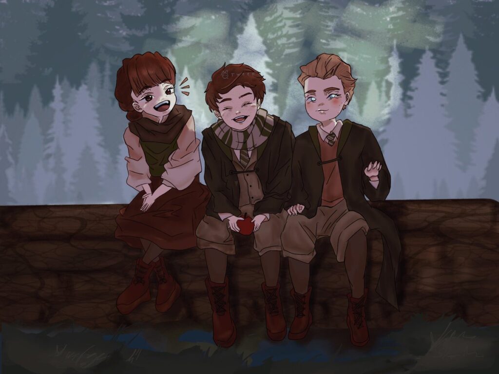 Fan art digital drawing of three Hogwarts students sitting on wood fence, laughing and smiling.