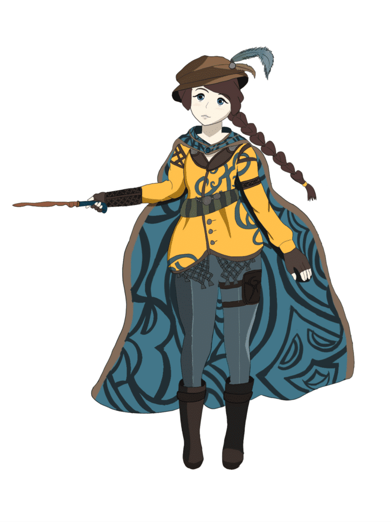 Fan art digital drawing of Hogwarts Legacy wizard, wearing blue patterned cape, yellow patterned jacket, hat with feather in it, and holding wand.